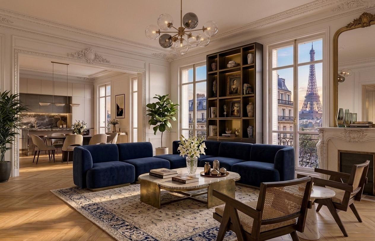 Salon haussmannien rénové avec vue sur la tour Eiffel