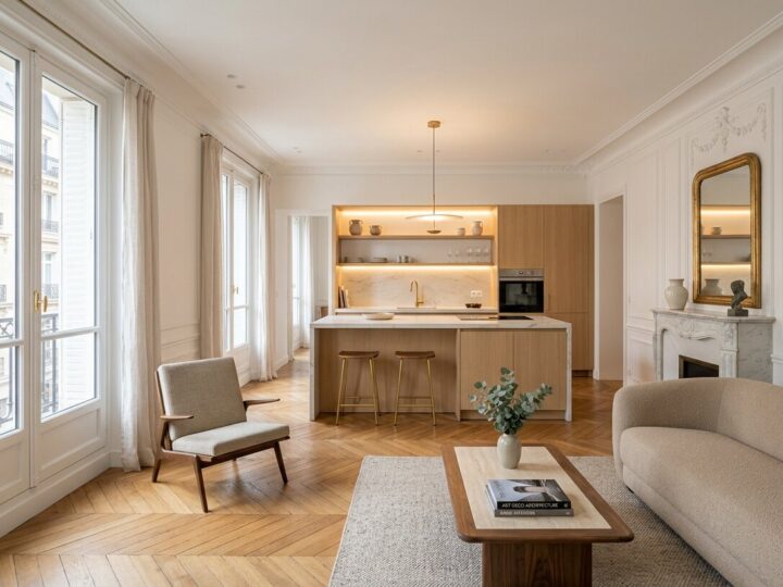 Séjour haussmannien rénové avec cuisine ouverte et parquet en point de Hongrie